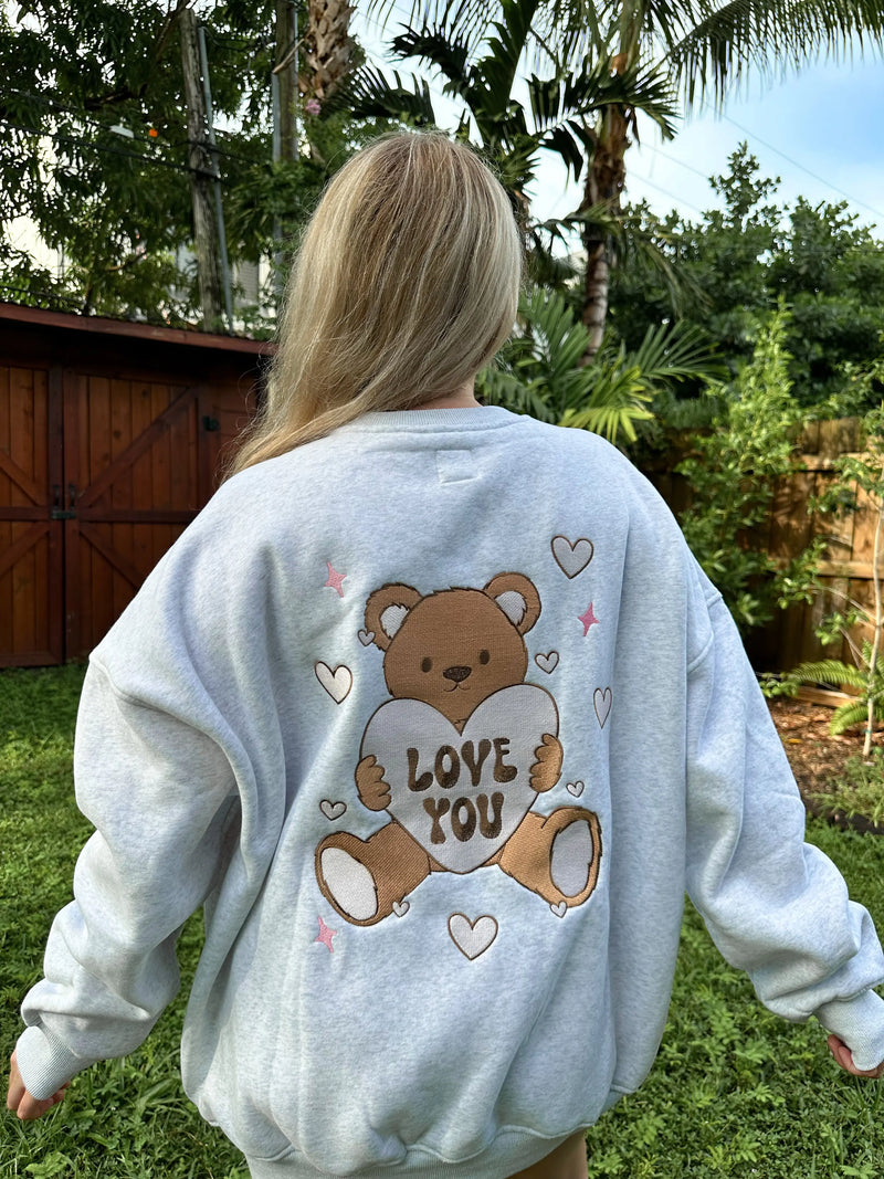 Pearl Grey Teddy Bear Embroider Sweatshirt