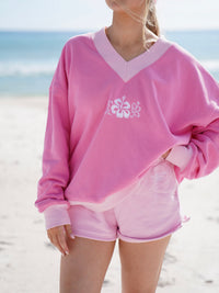 Pink And Light Pink Embroider Hibiscus Flower V-Neck Sweatshirt
