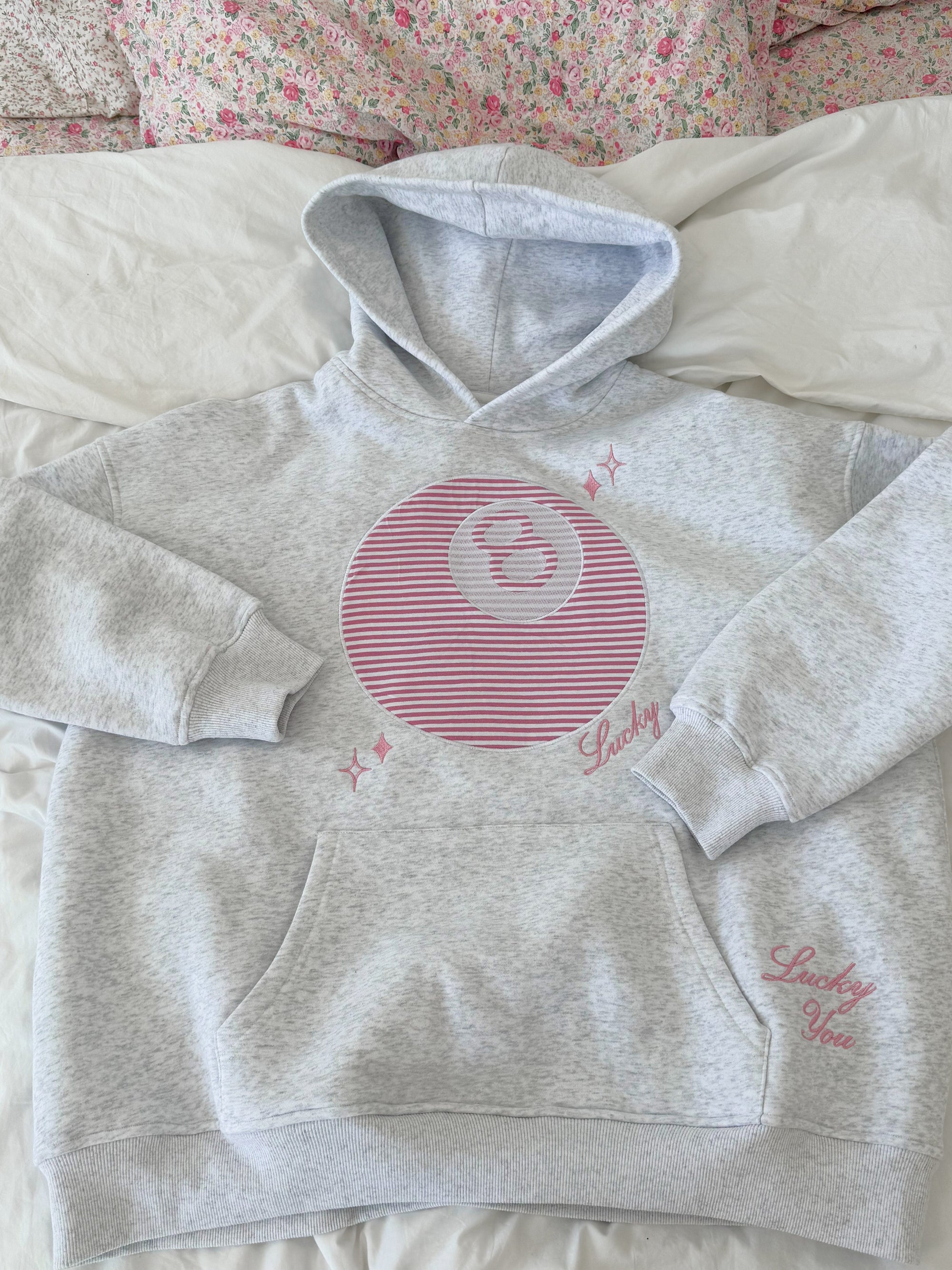 Pearl Grey Lucky You 8 Ball Embroider Hoodie