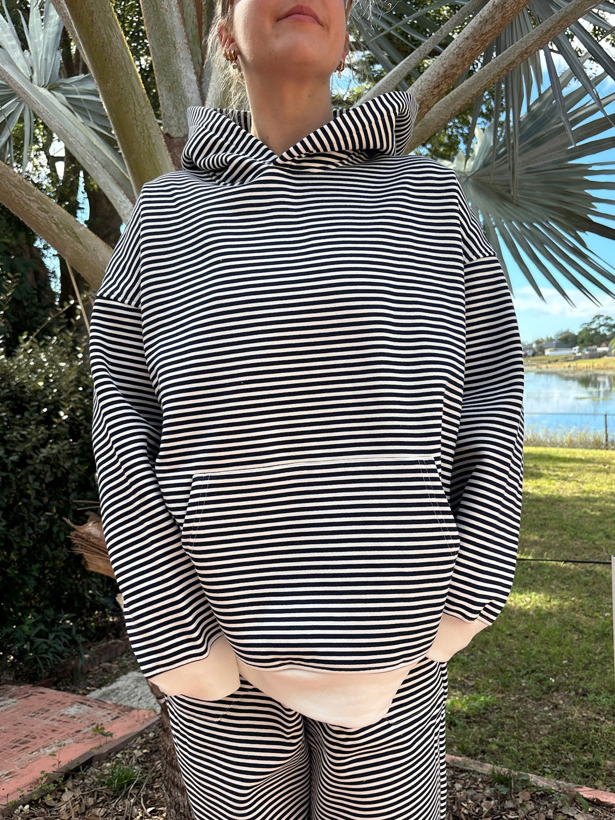 Dark Navy Blue and White Big Striped Hoodie