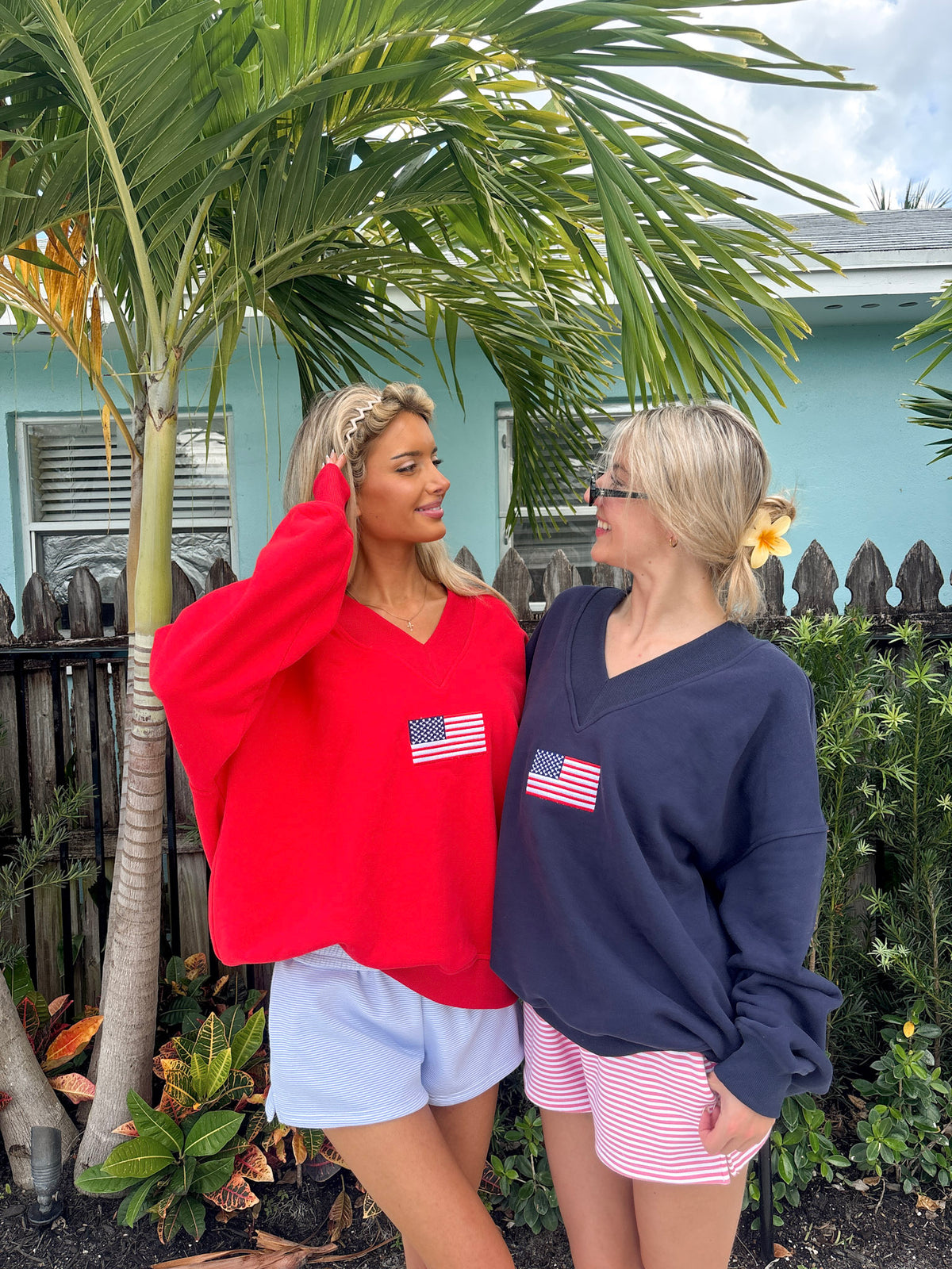 American Flag Embroider V-Neck Sweatshirt