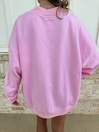 Soft Light Pink V-Neck Embroider Hibiscus Flower Sweatshirt