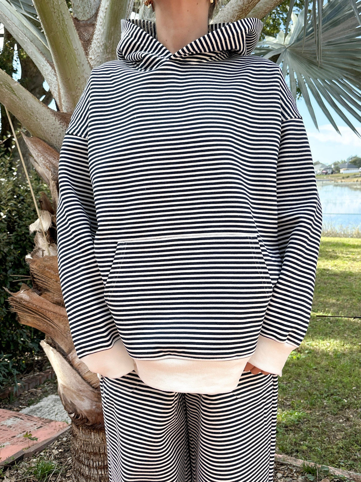 Dark Navy Blue and White Big Striped Hoodie