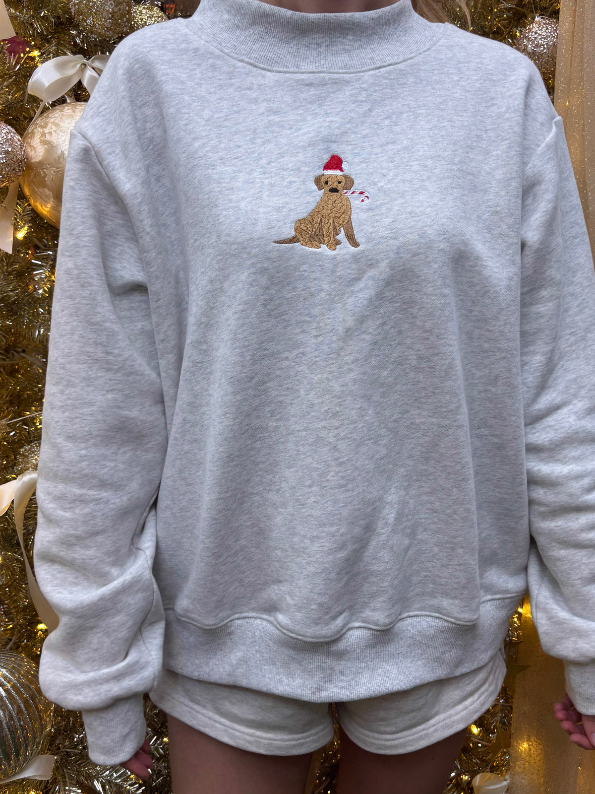 Pearl Grey Christmas Dog Santa Hat Embroidered Mockneck Sweatshirt 100% Cotton