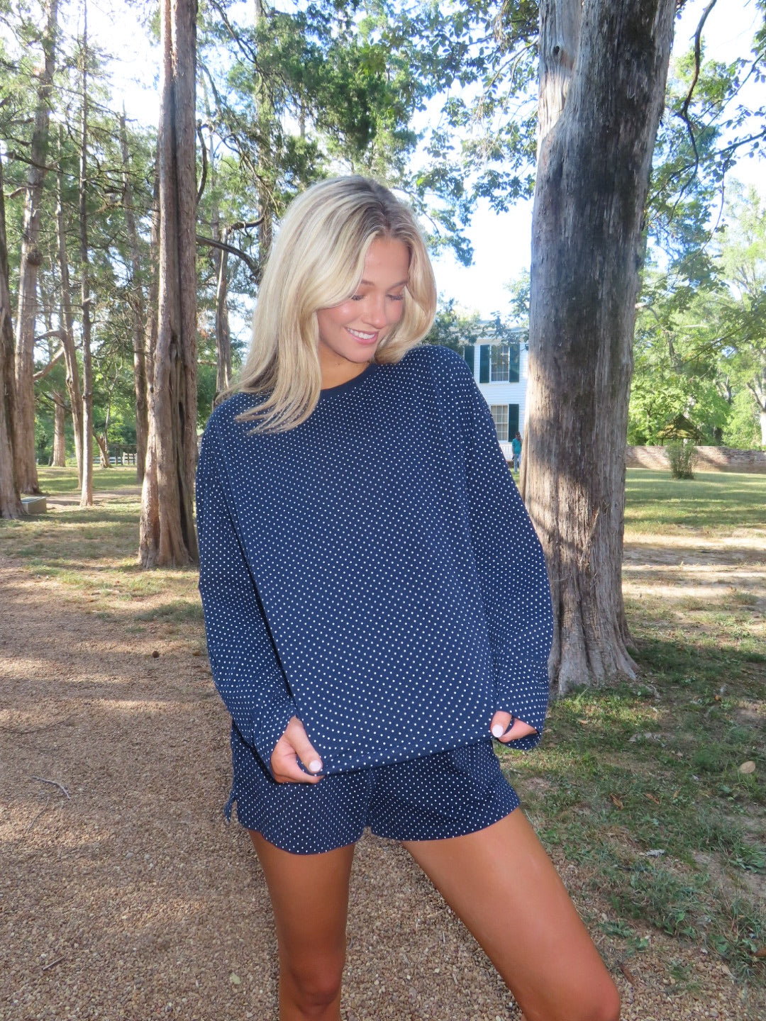 Navy Blue Polka Dot Loungewear Long Sleeve Top