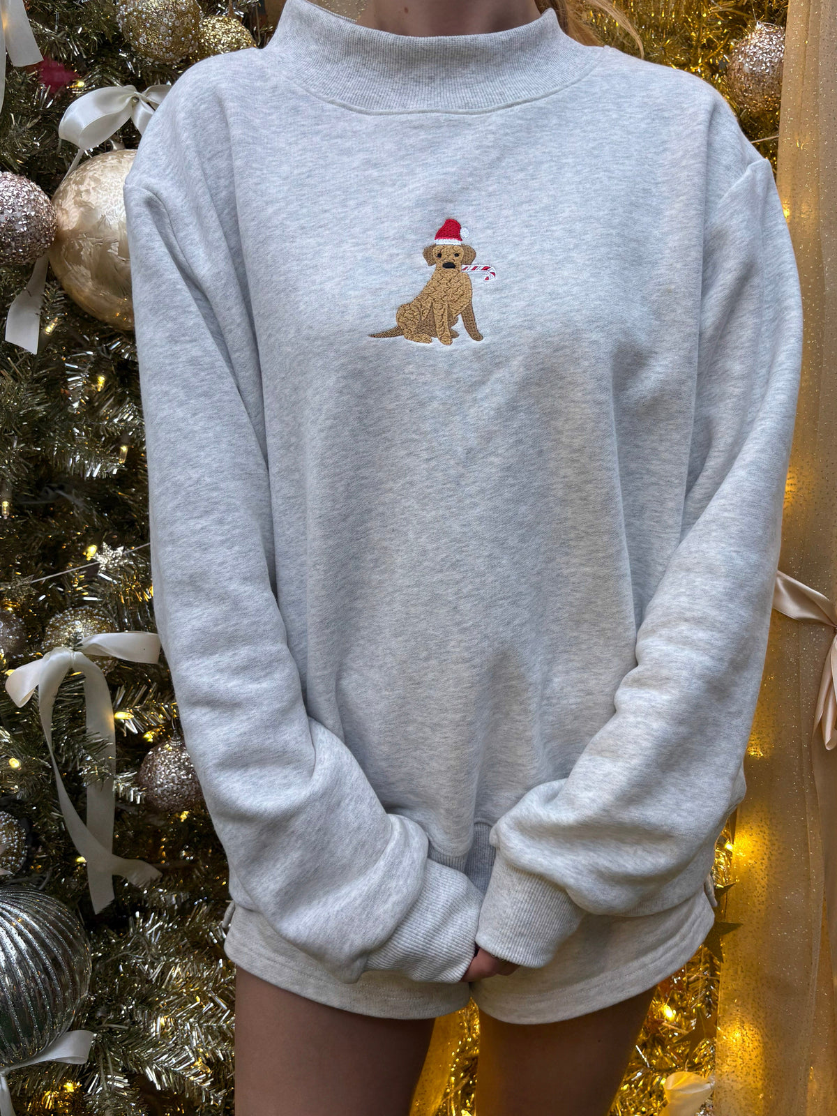 Pearl Grey Christmas Dog Santa Hat Embroidered Mockneck Sweatshirt 100% Cotton