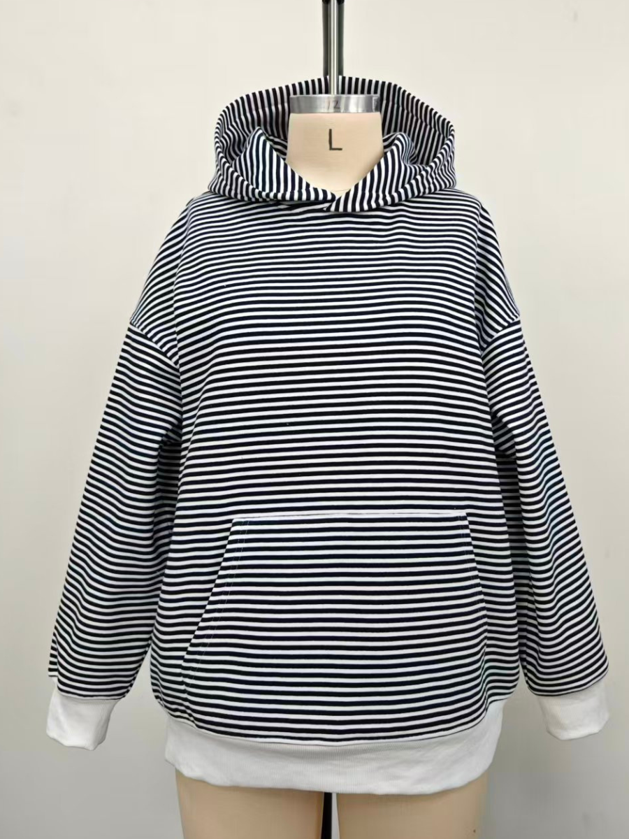 Dark Navy Blue and White Big Striped Hoodie