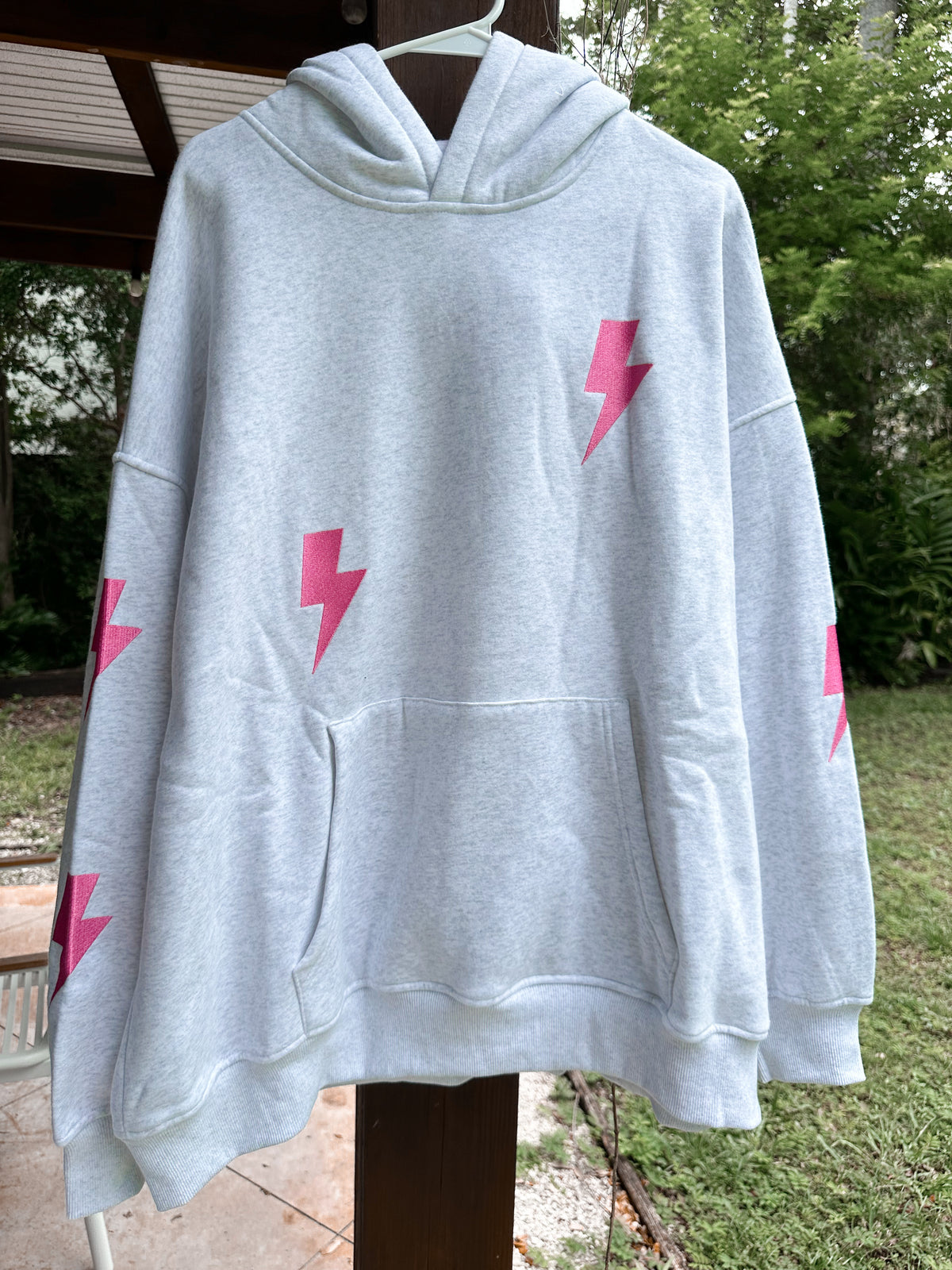 Pearl Grey Embroider Lightning Bolt Hoodie