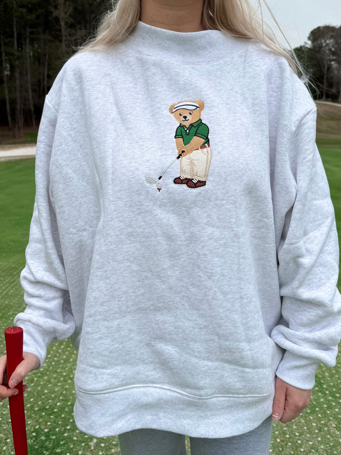 Pearl Grey Classic Teddy Bear Golf Embroider Mockneck Sweatshirt