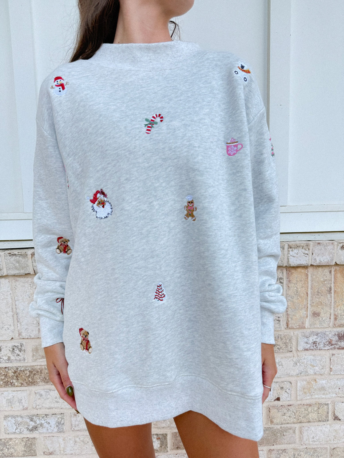 Christmas Symbols Embroidered Mockneck Sweatshirt 100% Cotton