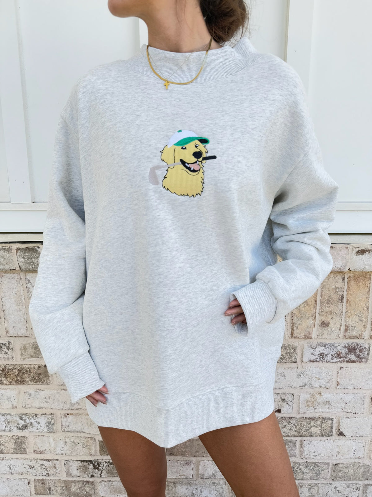 Pearl Grey Dog Golf Embroidered Mockneck Sweatshirt 100% Cotton