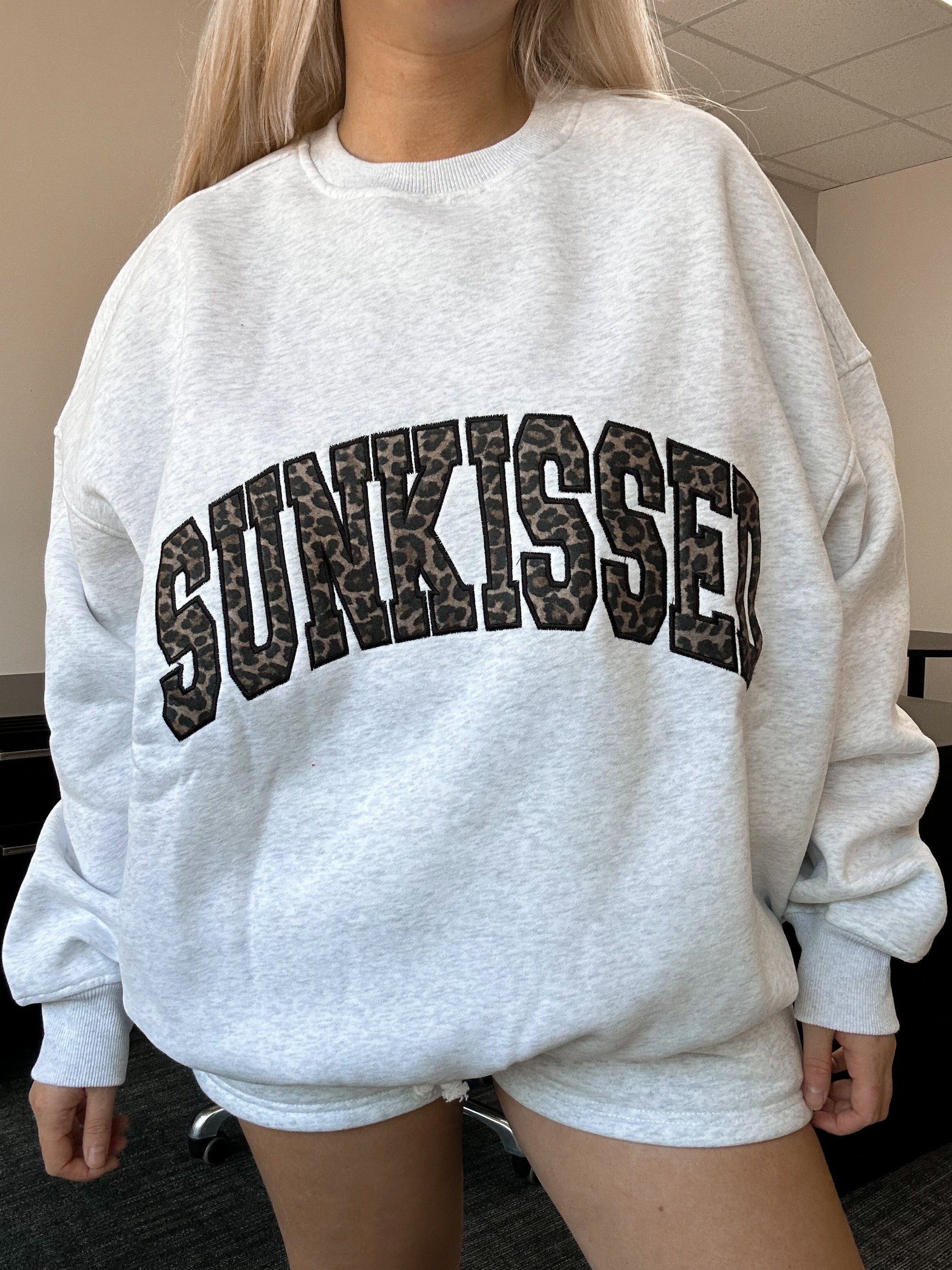 Pearl Grey Sunkissed Leopard Print Embroider Sweatshirt