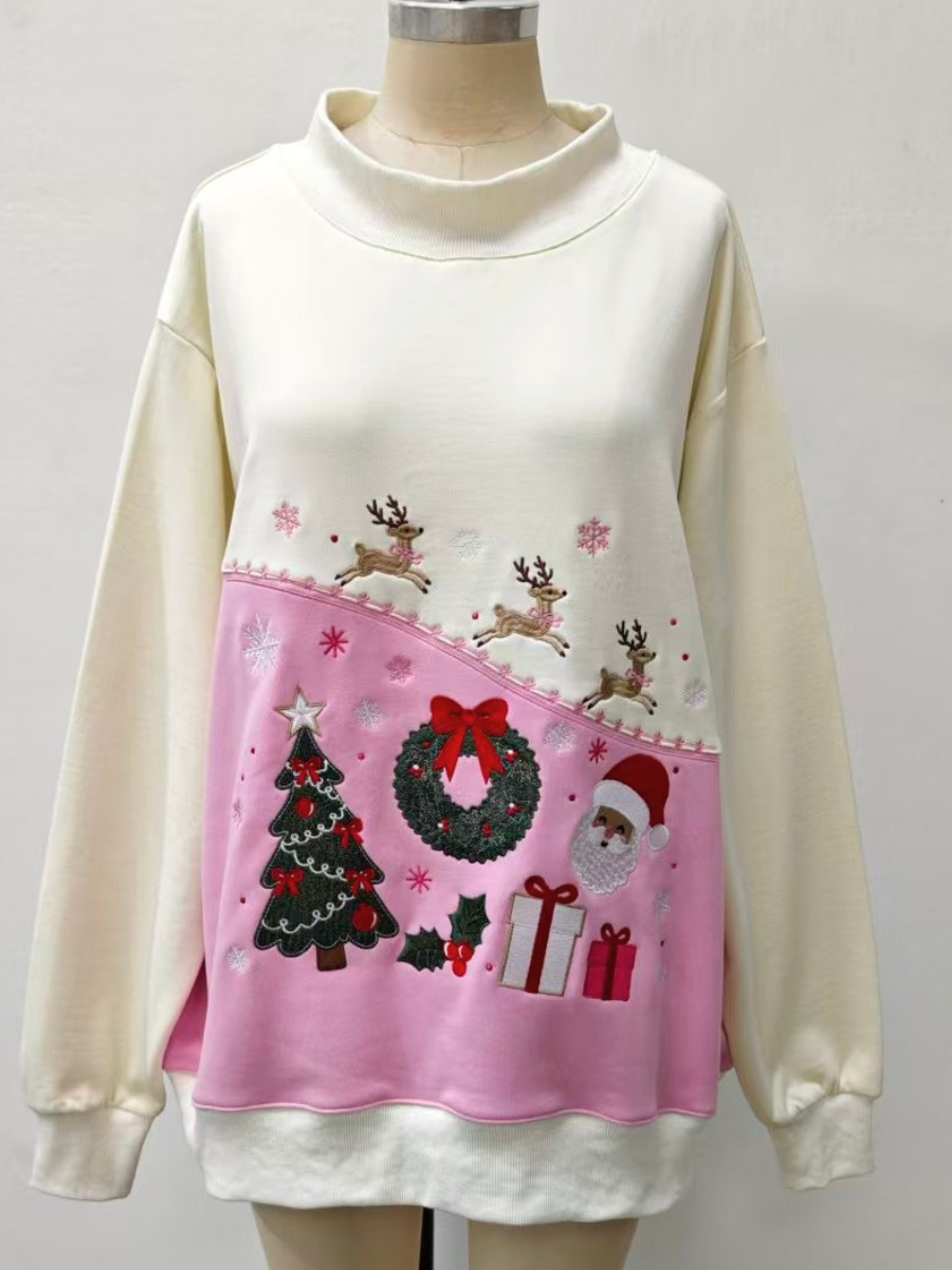 Reindeer Christmas Holiday Season Embroidered Mockneck Sweatshirt
