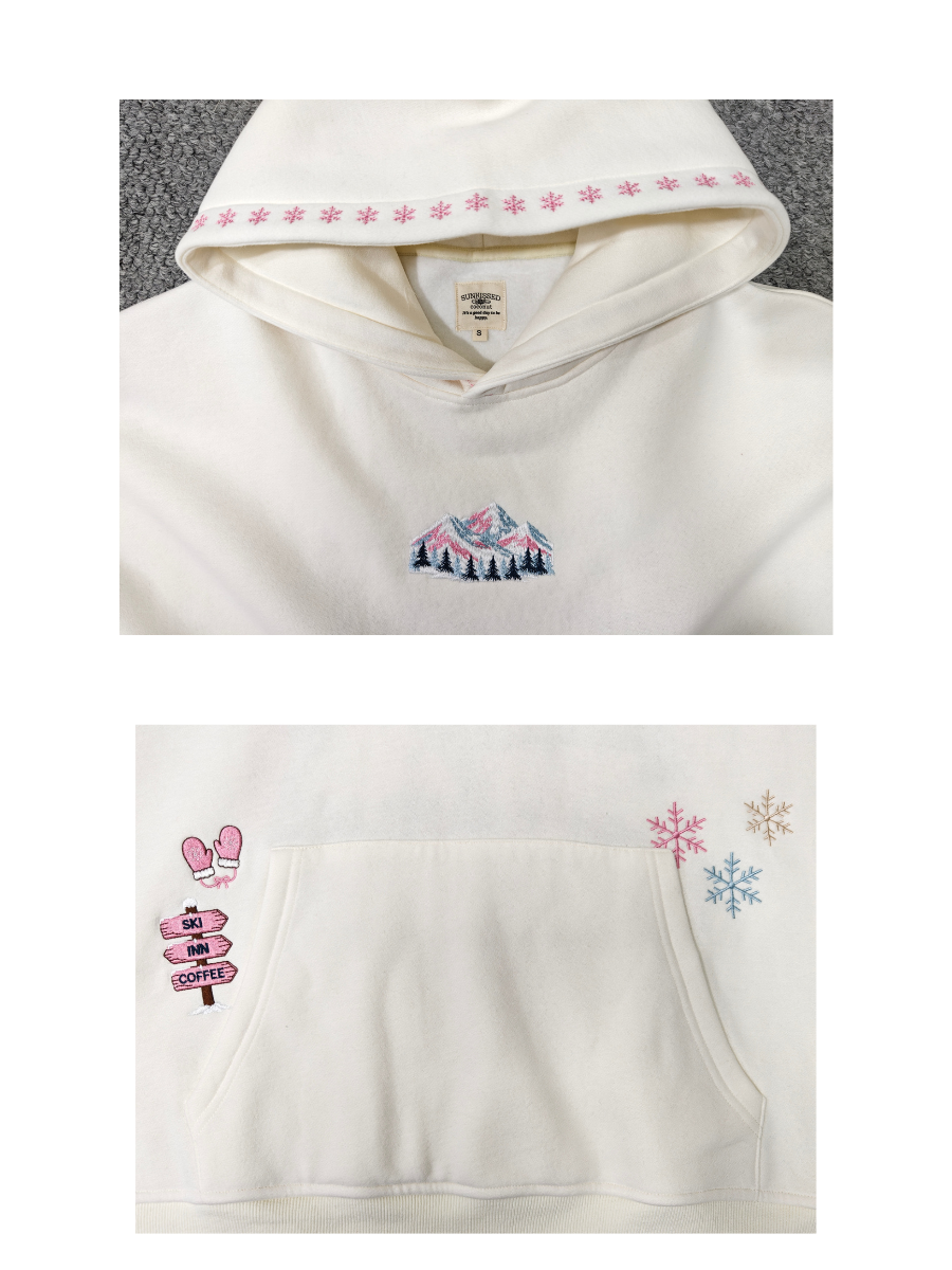 Ivory Pink Ski Lodge Mountain Cabin Embroidered Hoodie