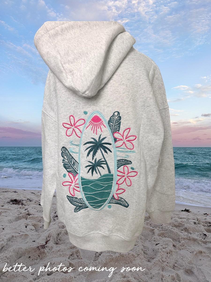 Pearl Grey Surfing The Waves Embroider Hoodie