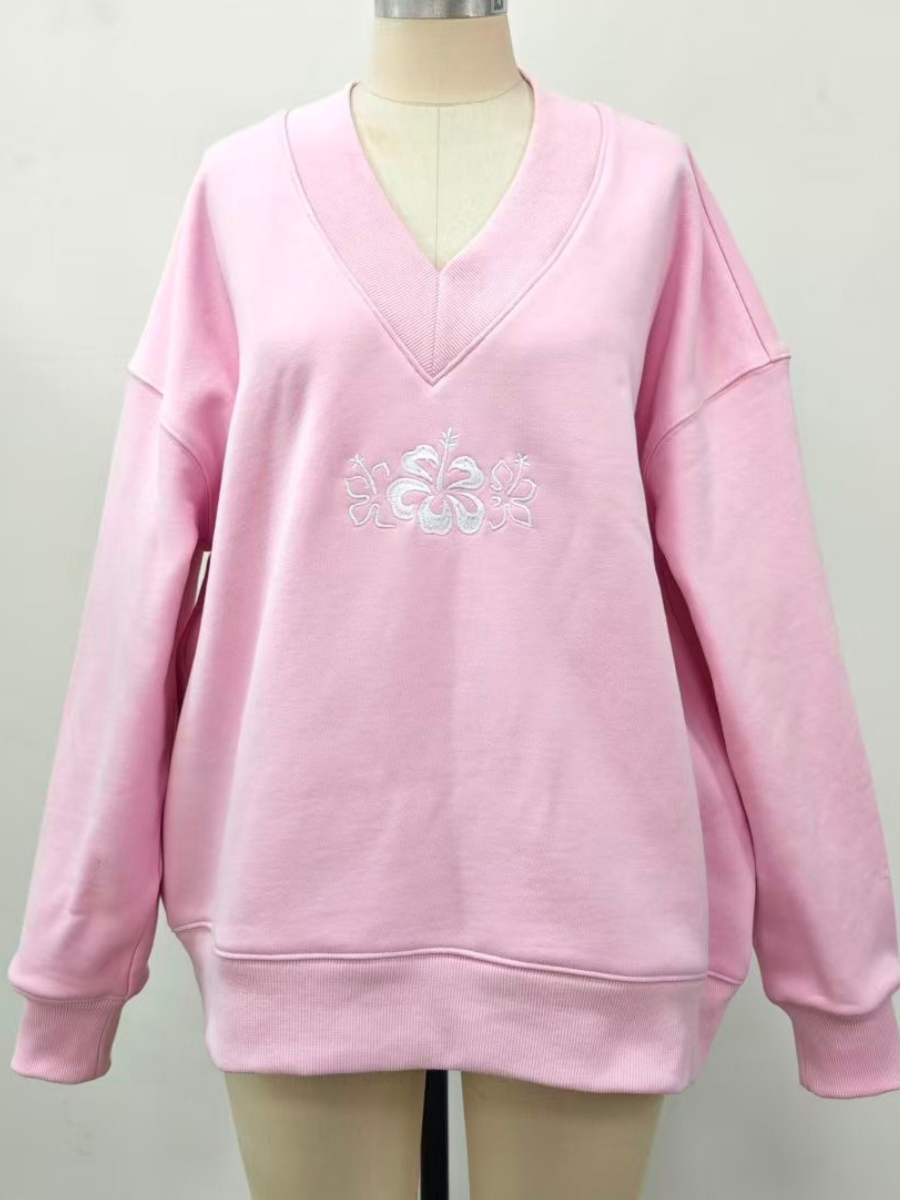 Soft Light Pink V-Neck Embroider Hibiscus Flower Sweatshirt