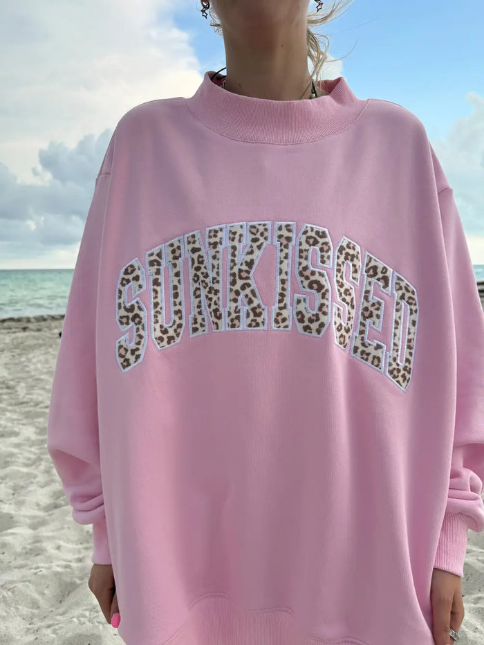 Bubblegum Pink Cheetah Print Varsity Sunkissed Embroidered Mockneck Sweatshirt 100% Cotton