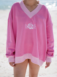 Pink And Light Pink Embroider Hibiscus Flower V-Neck Sweatshirt