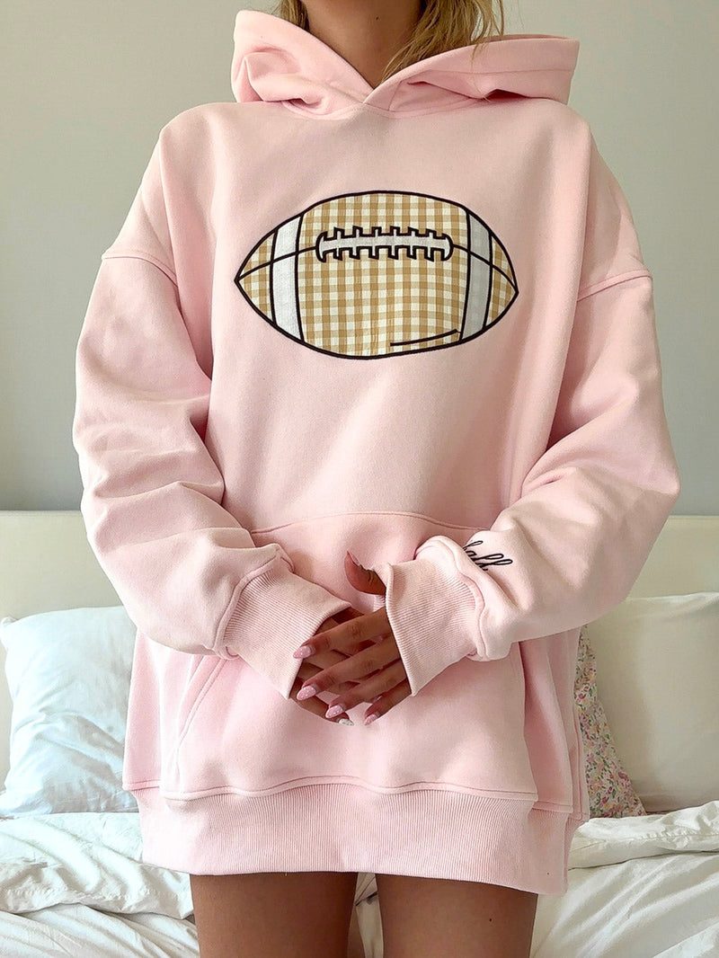 Light Pink Game Day Gingham Football Embroider Hoodie