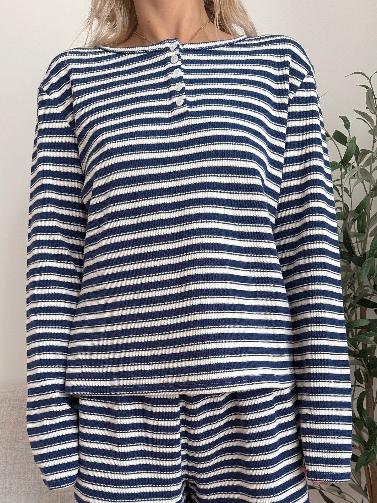 Striped Knit Loungewear Long Sleeve Top