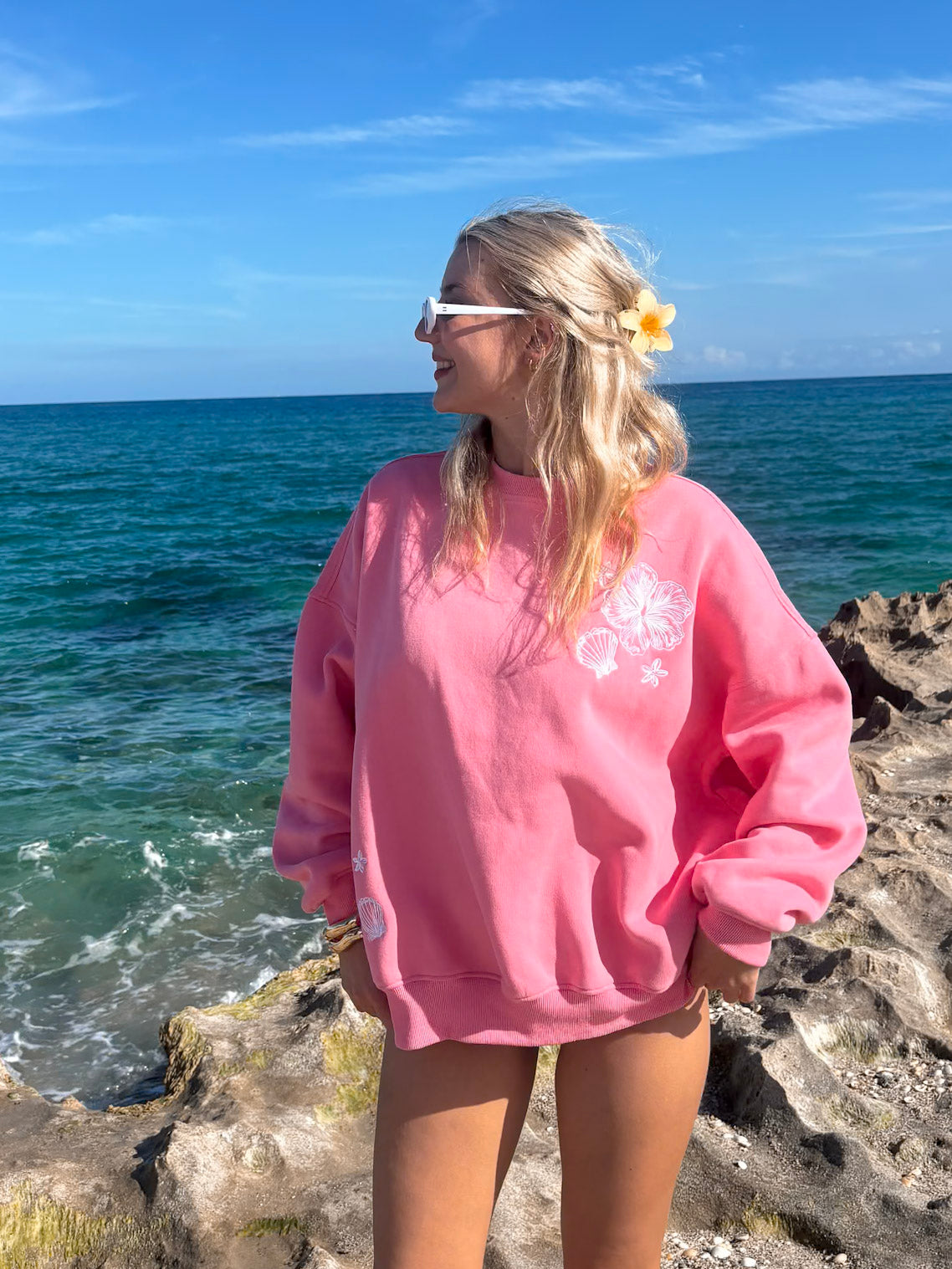 Hibiscus Pink Tropical Embroider Sweatshirt