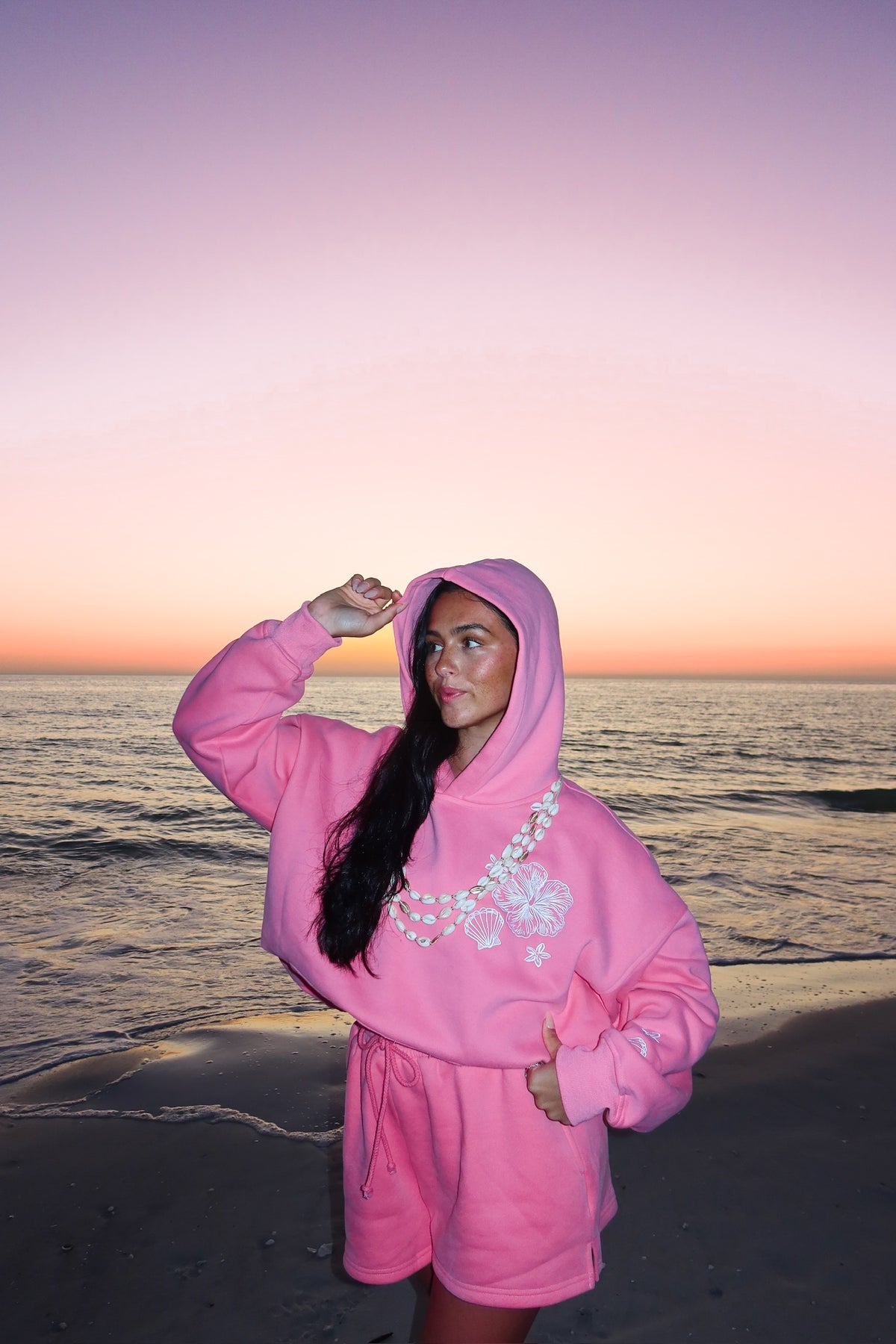 Hibiscus Pink Tropical Embroider Hoodie