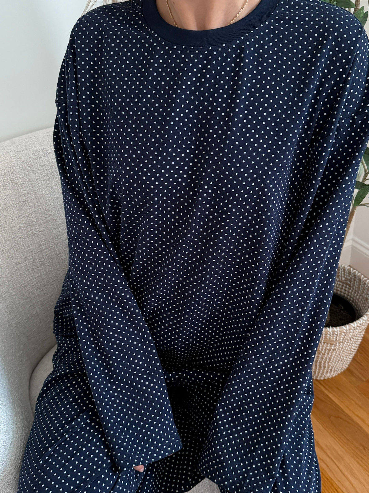 Navy Blue Polka Dot Loungewear Long Sleeve Top