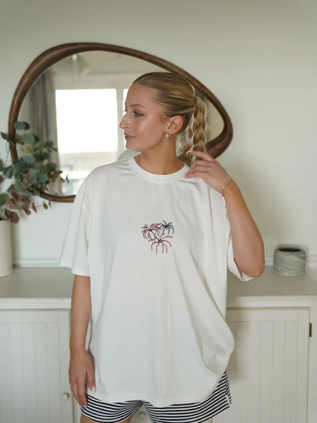 Midweight White Fireworks 4th Of July Memorial Day Embroider Tee