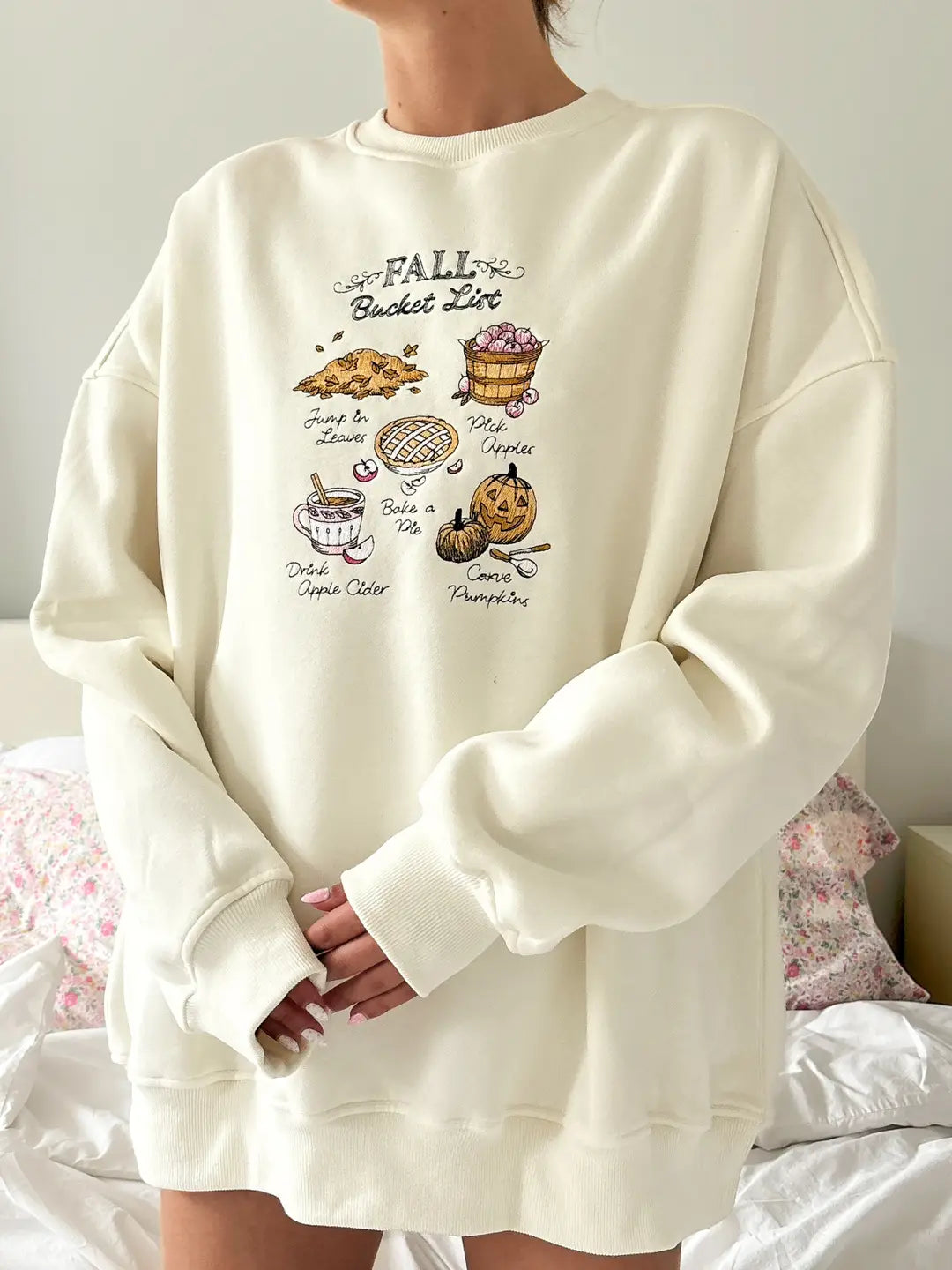 Ivory Autumn Fall Bucket List Embroidered Sweatshirt