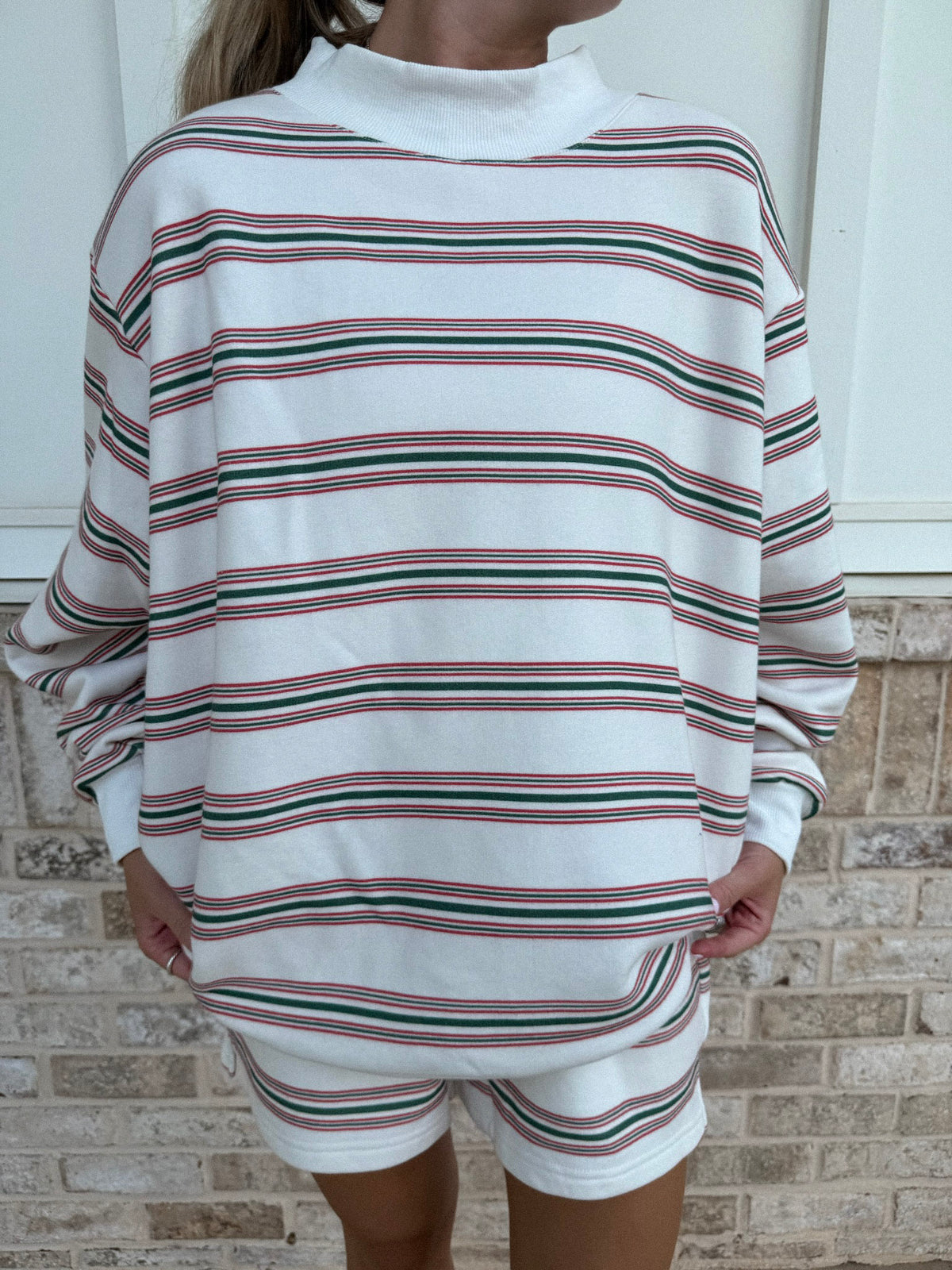 Christmas Cheer Striped 100% Cotton French Terry Mockneck Sweatshirt