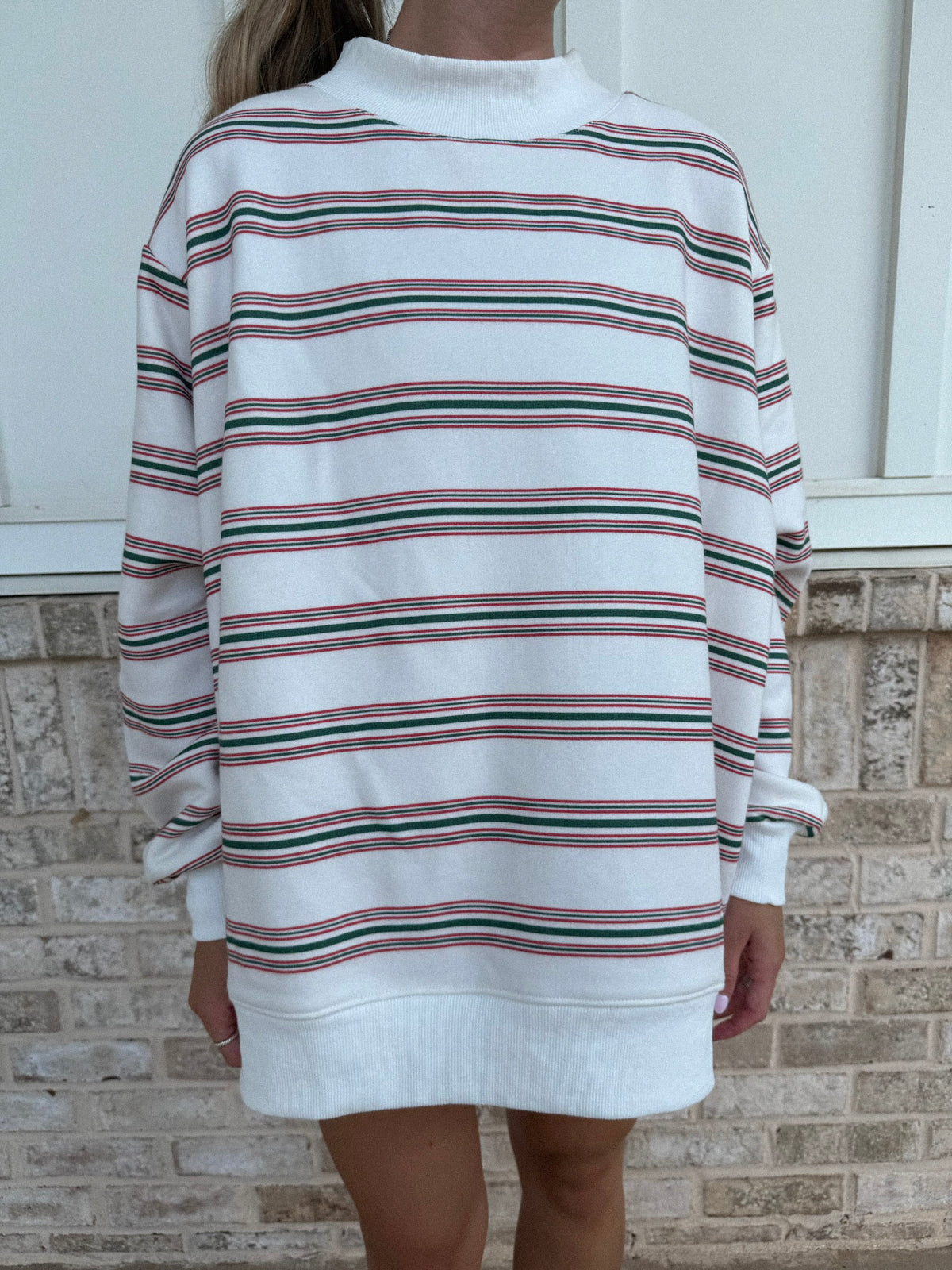Christmas Cheer Striped 100% Cotton French Terry Mockneck Sweatshirt