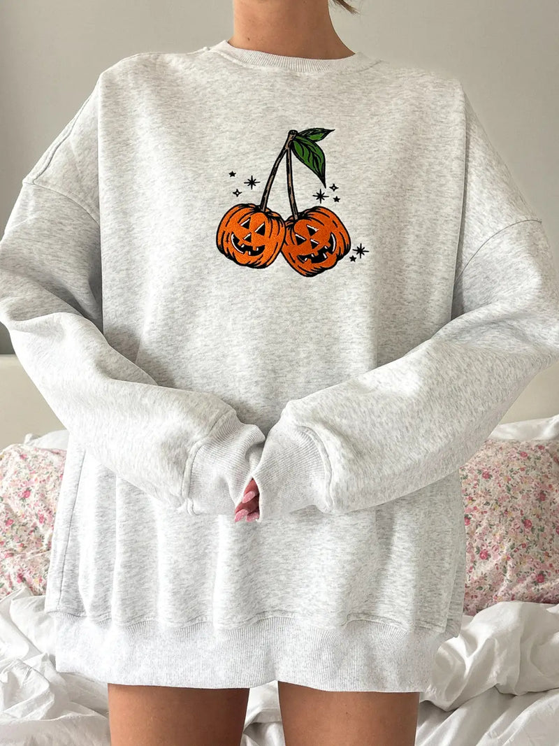 Pumpkin Cherries Fall Autumn Embroider Sweatshirt