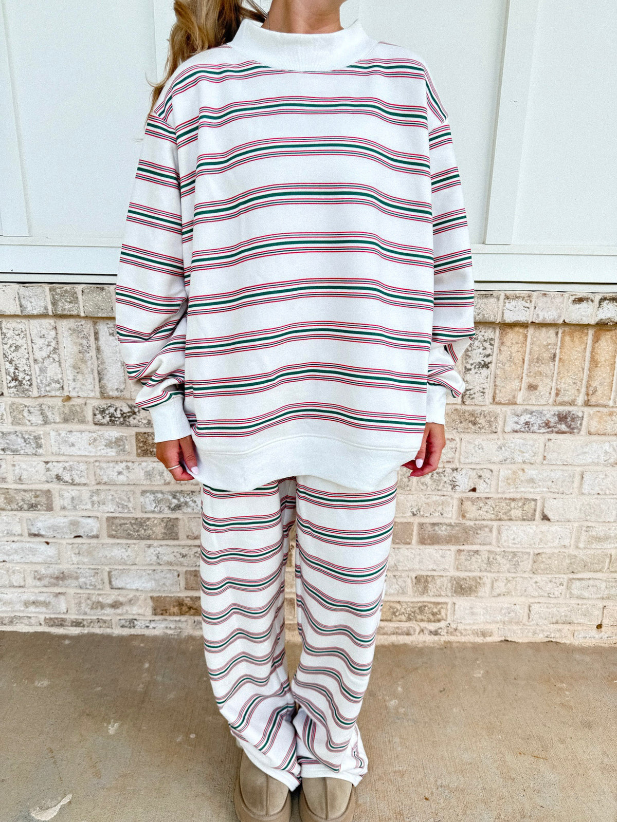 Christmas Cheer Striped 100% Cotton French Terry Mockneck Sweatshirt