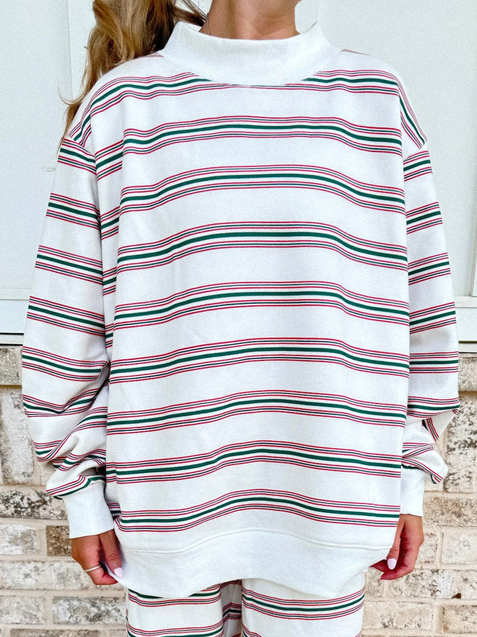 Christmas Cheer Striped 100% Cotton French Terry Mockneck Sweatshirt