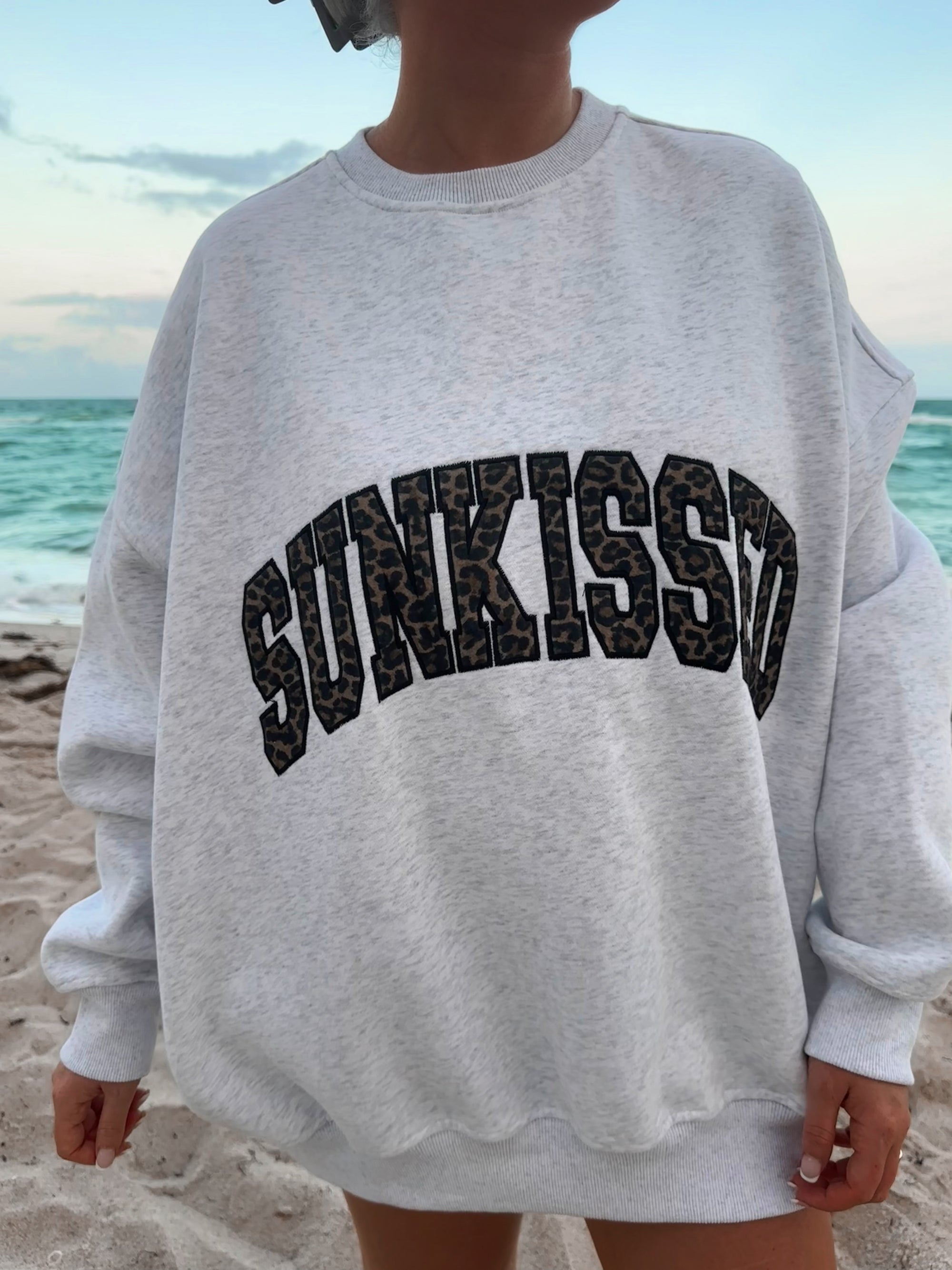 Pearl Grey Sunkissed Leopard Print Embroider Sweatshirt