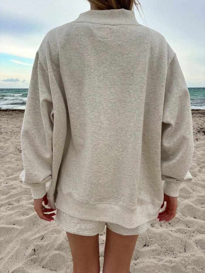 Oat Milk Grey Varsity Sunkissed Embroidered Mockneck Sweatshirt 100% Cotton