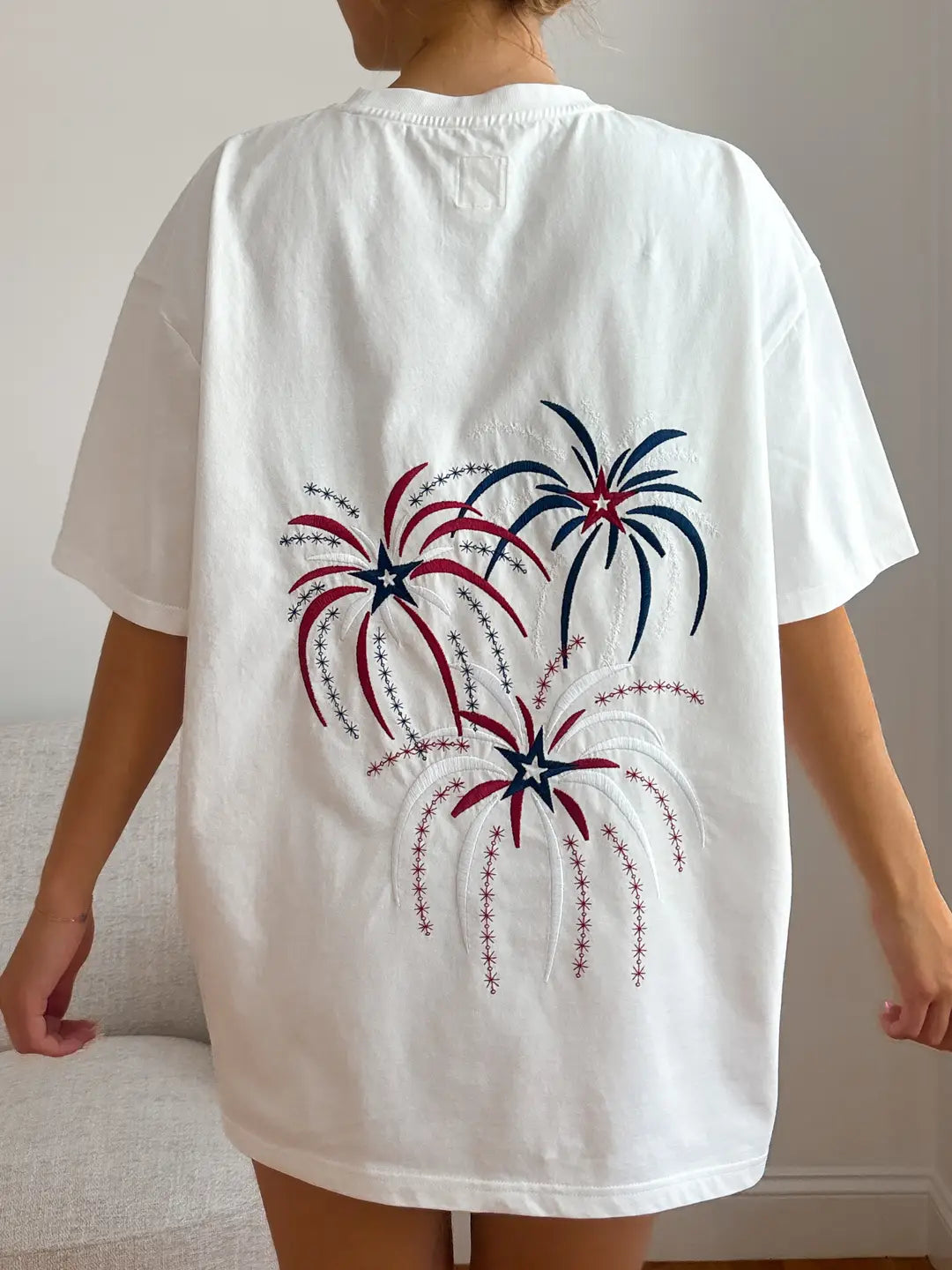 Midweight White Fireworks 4th Of July Memorial Day Embroider Tee
