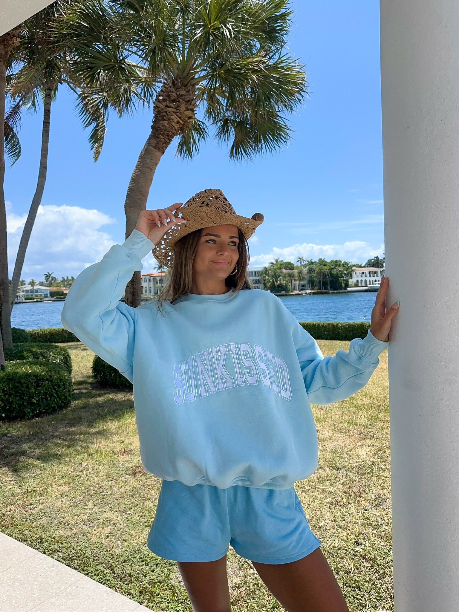 Icy Blue Sunkissed Varsity Embroider Sweatshirt