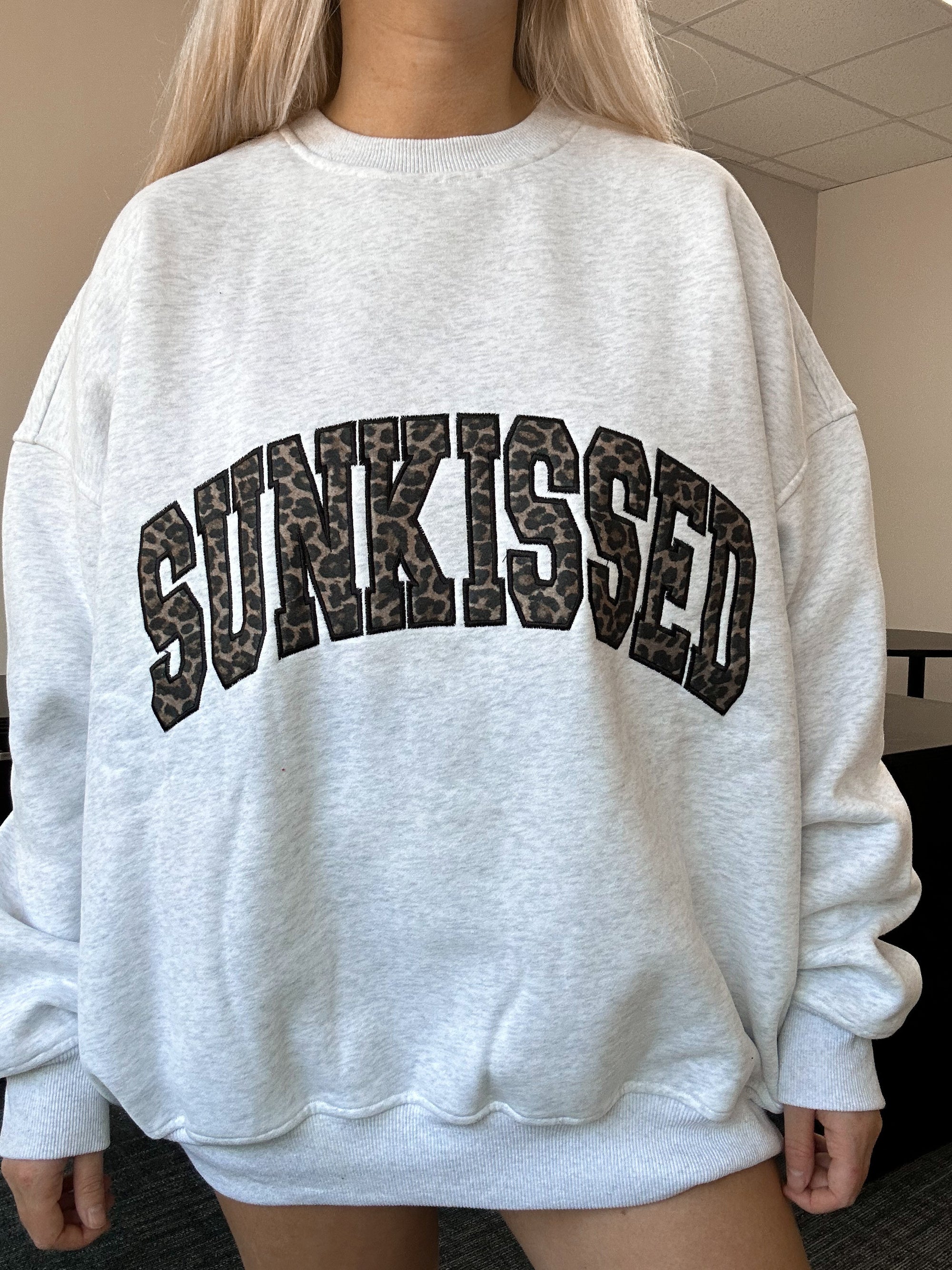 Pearl Grey Sunkissed Leopard Print Embroider Sweatshirt