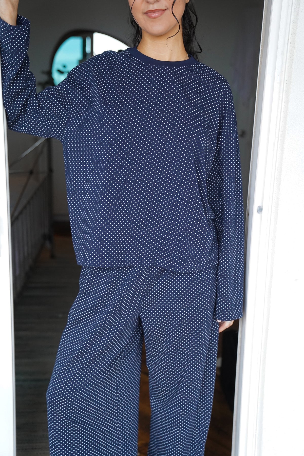 Navy Blue Polka Dot Loungewear Long Sleeve Top