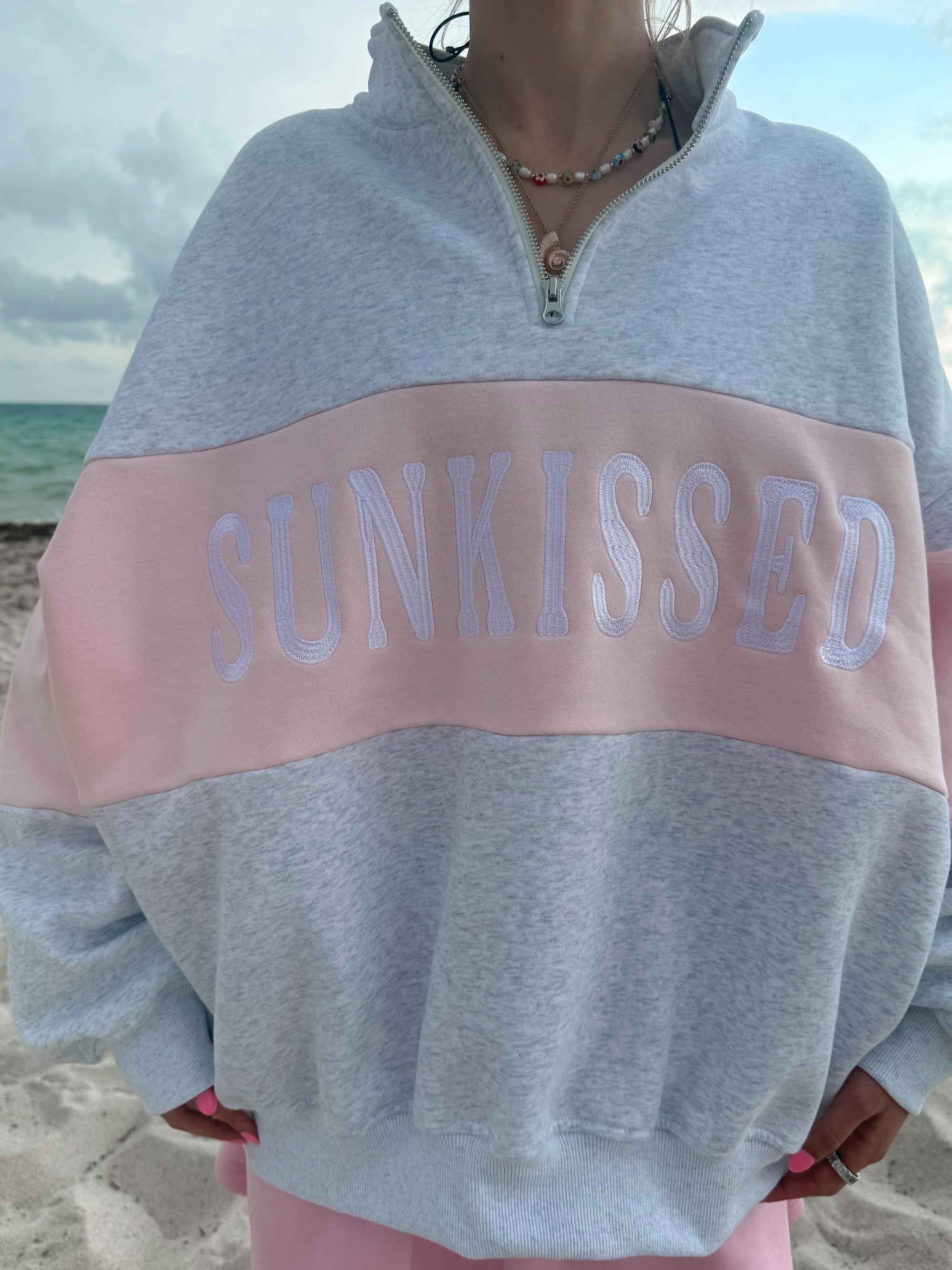 Pearl Grey And Pink Sunkissed Embroider Quarter-Zip