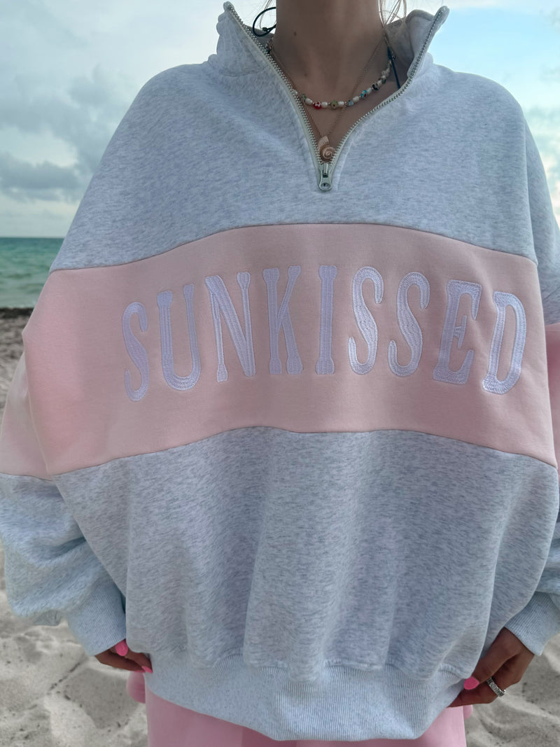 Pearl Grey And Pink Sunkissed Embroider Quarter-Zip