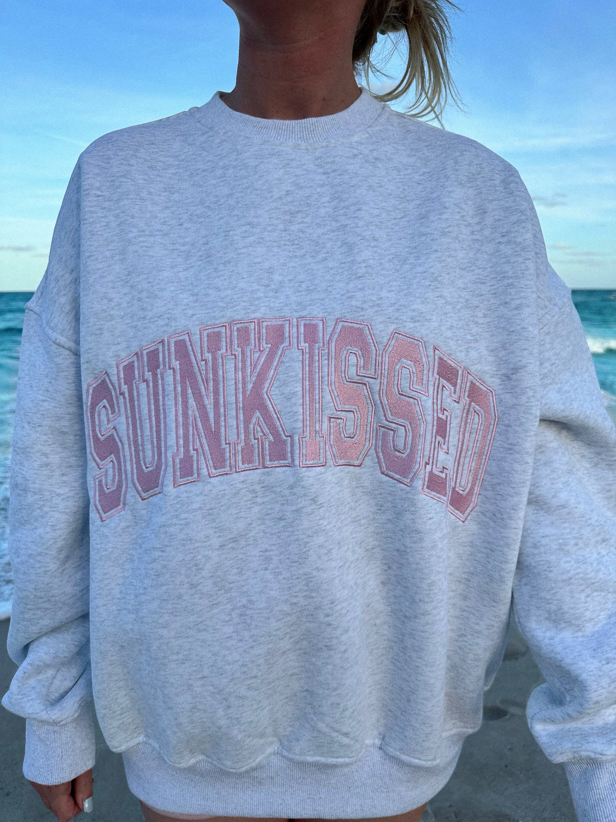 Pearl Grey with Pink Thread Sunkissed Varsity Embroider Sweatshirt