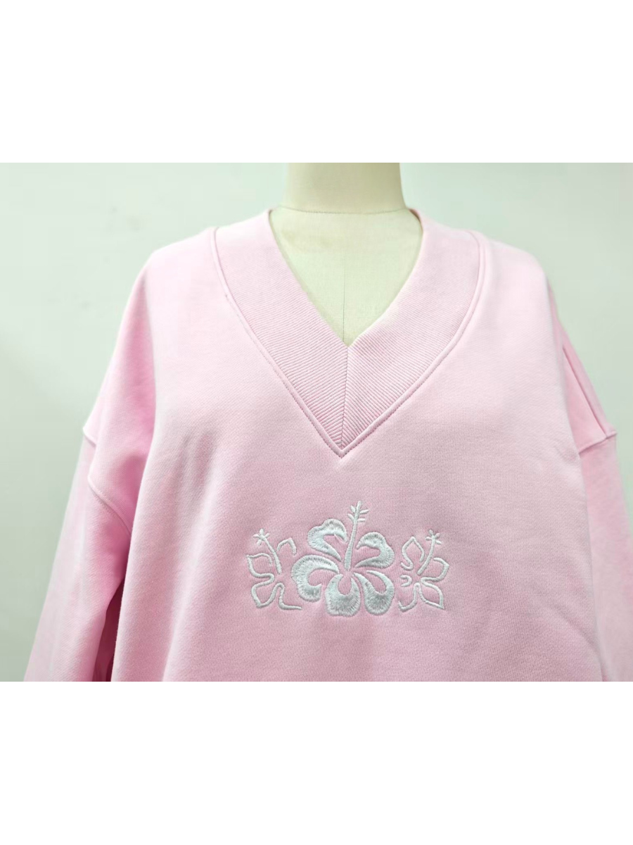Soft Light Pink V-Neck Embroider Hibiscus Flower Sweatshirt