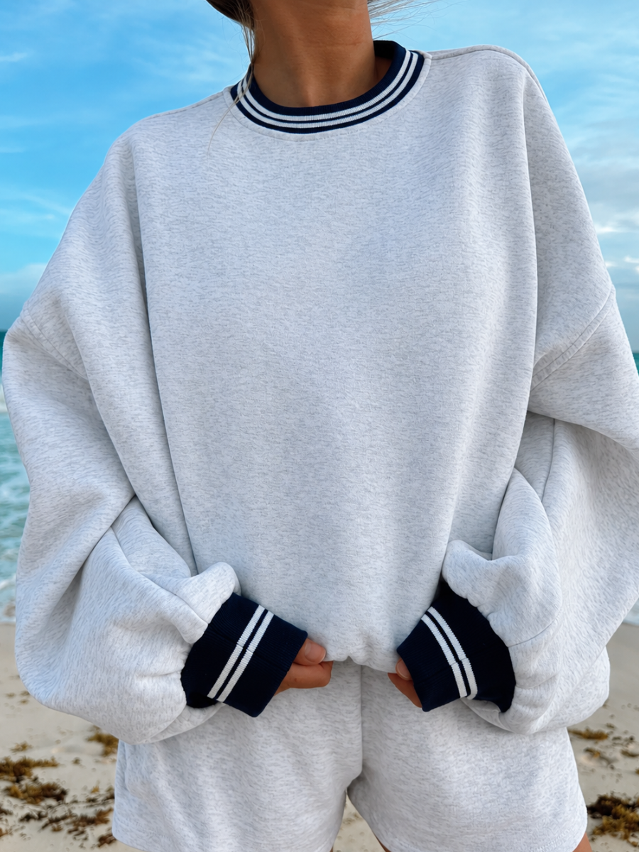 Blank Pearl Grey And Navy Preppy Crew Sweatshirt