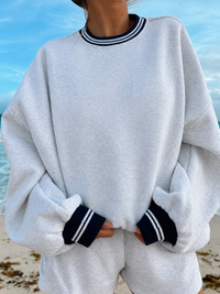 Blank Pearl Grey And Navy Preppy Crew Sweatshirt