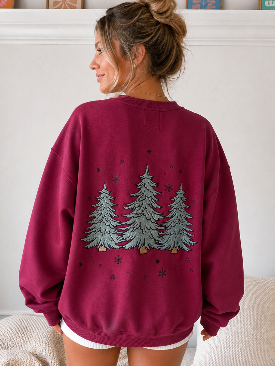 Sparkling Christmas Tree Embroidered Crewneck Sweatshirts