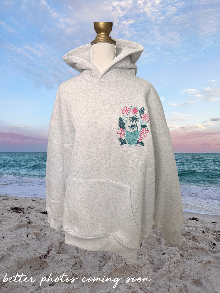 Pearl Grey Surfing The Waves Embroider Hoodie