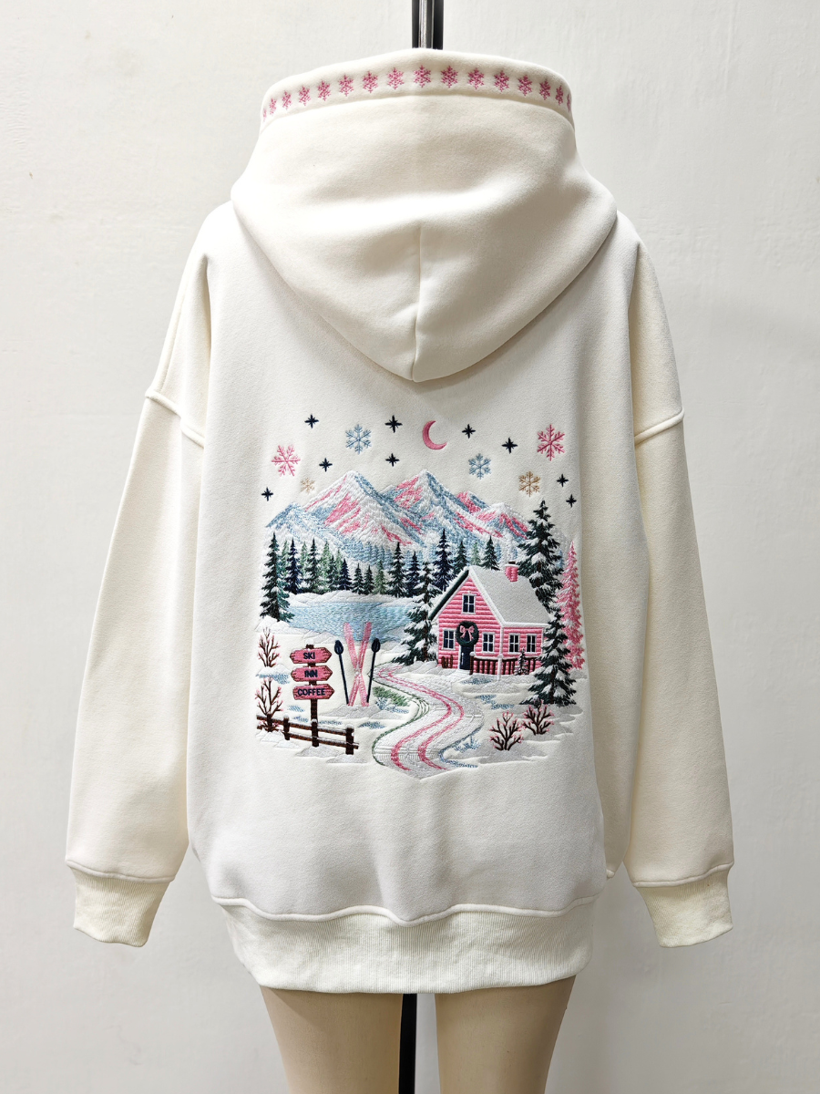 Ivory Pink Ski Lodge Mountain Cabin Embroidered Hoodie