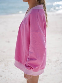 Pink And Light Pink Embroider Hibiscus Flower V-Neck Sweatshirt
